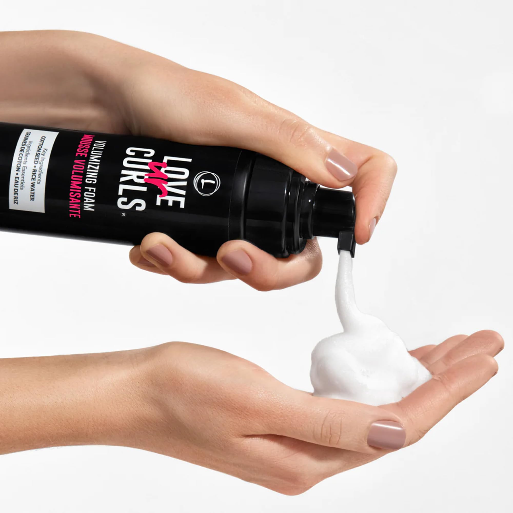 Love Ur Curls Volumizing Foam fast-dry action visual conveys quick-drying formula