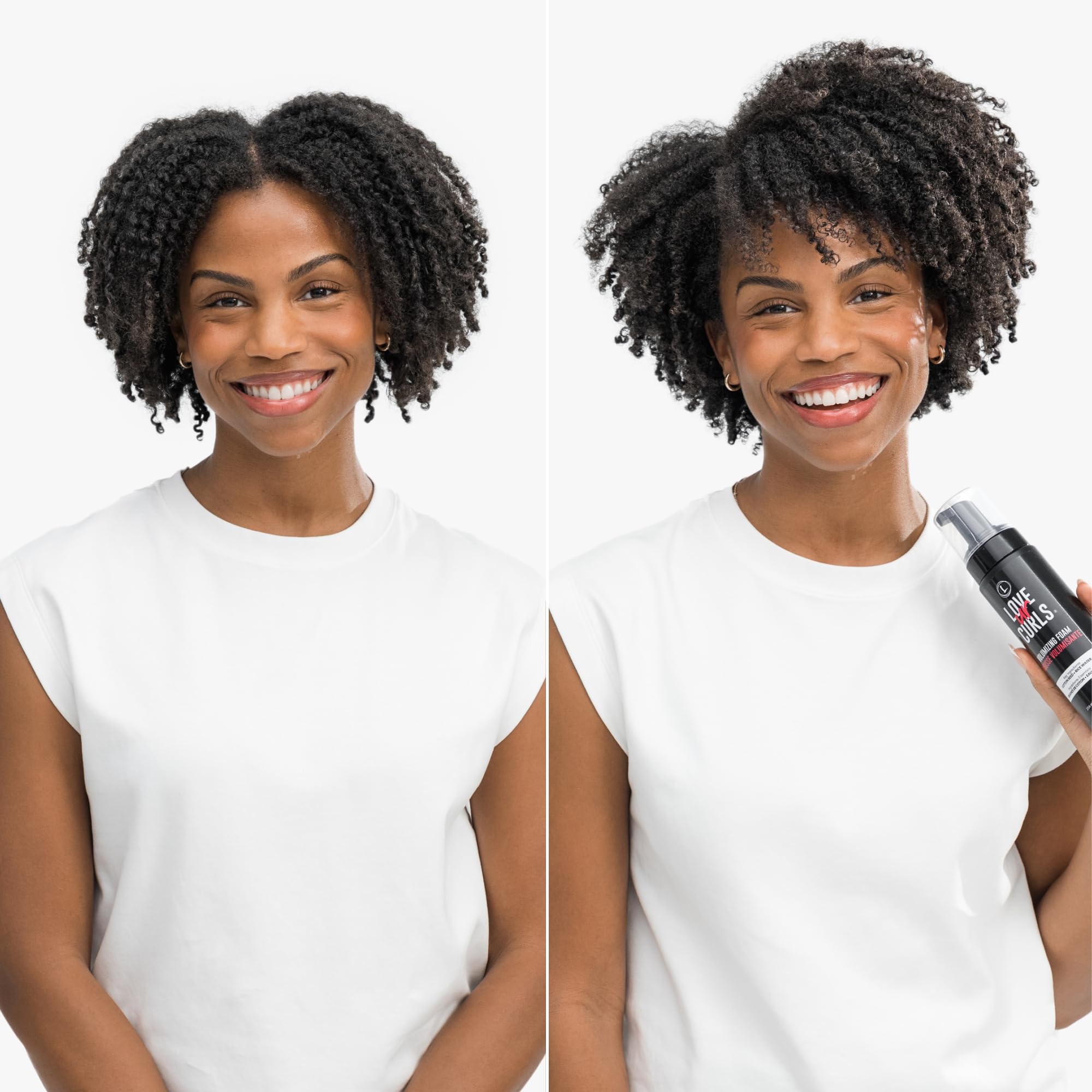 Love Ur Curls Volumizing Foam frizz-reduction scene reveals a smooth, voluminous finish