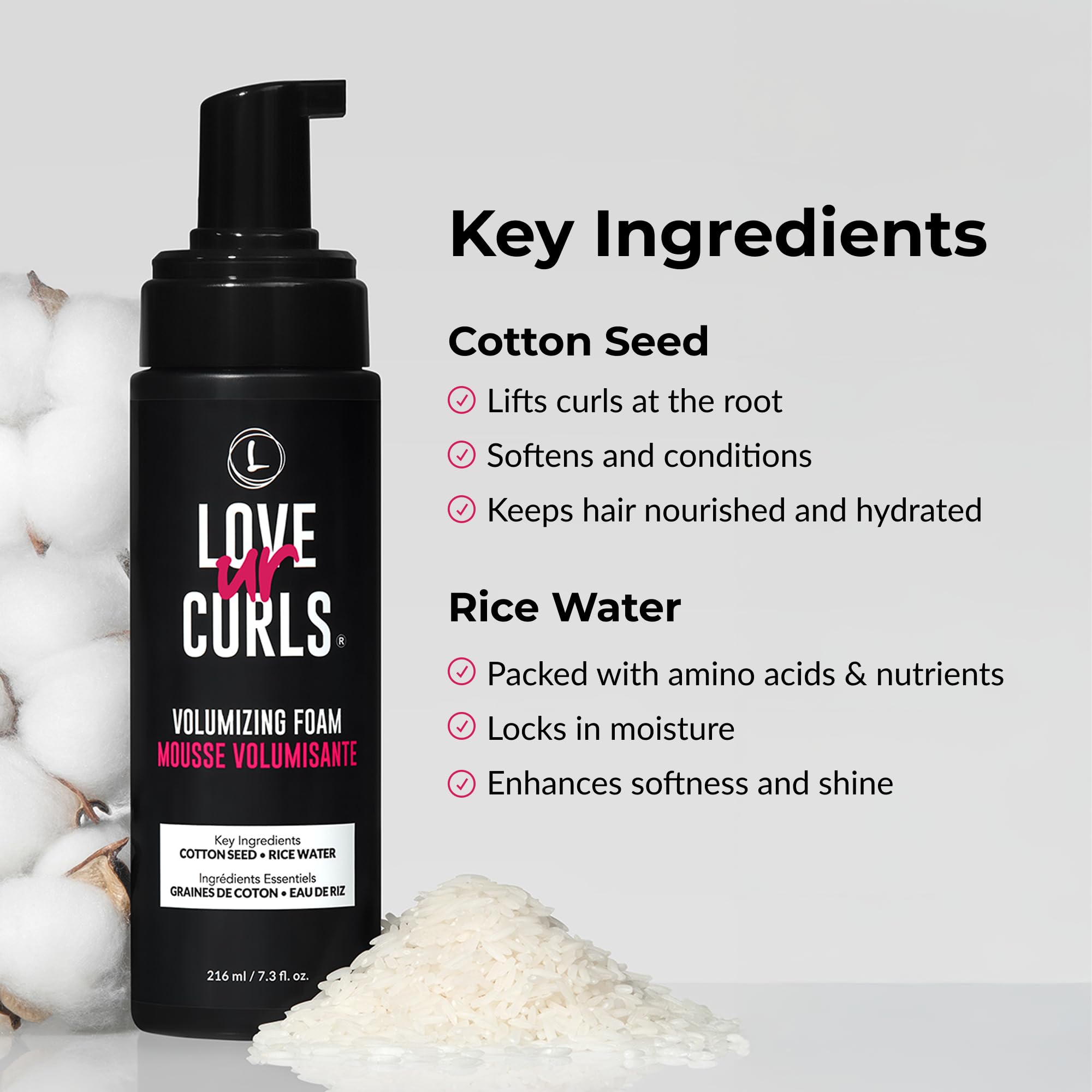 Love Ur Curls Volumizing Foam vegan icon emphasizes clean, cruelty-free care