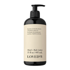 Loved01 Hand & Body Lotion bottle front for everyday hydration.