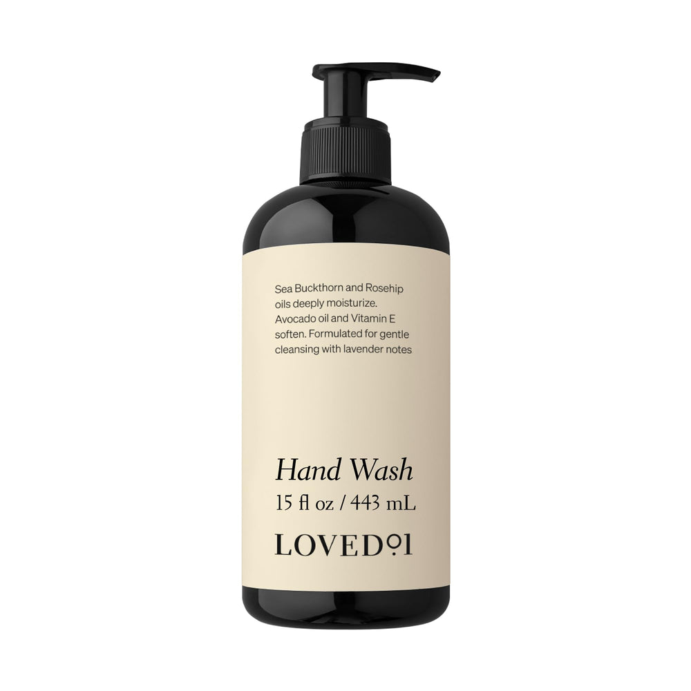 Loved01 hand wash bottle front with lavender-infused formula for gentle cleansing