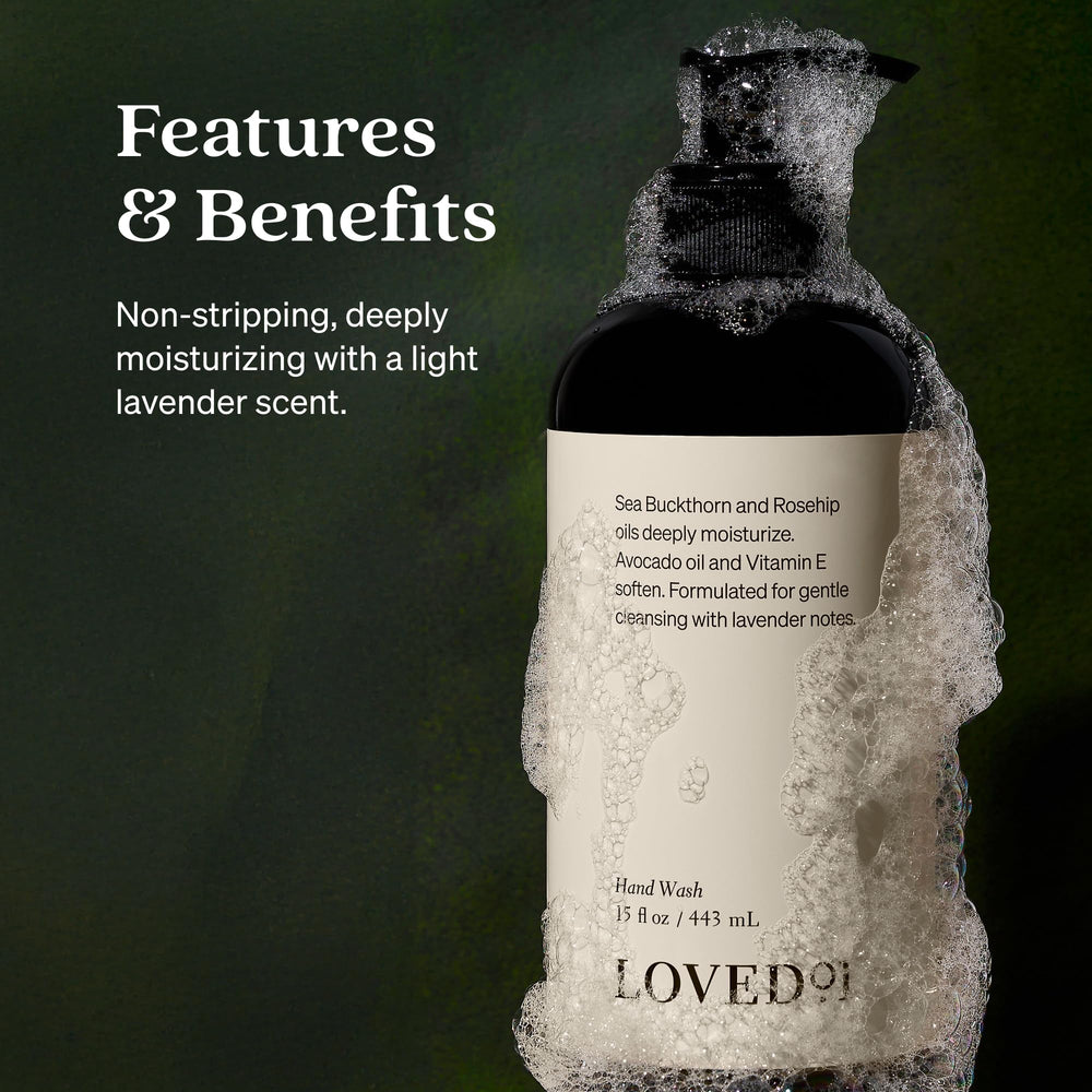 Loved01 Hand Wash rosehip-oil highlights nourishments for soft, hydrated hands.