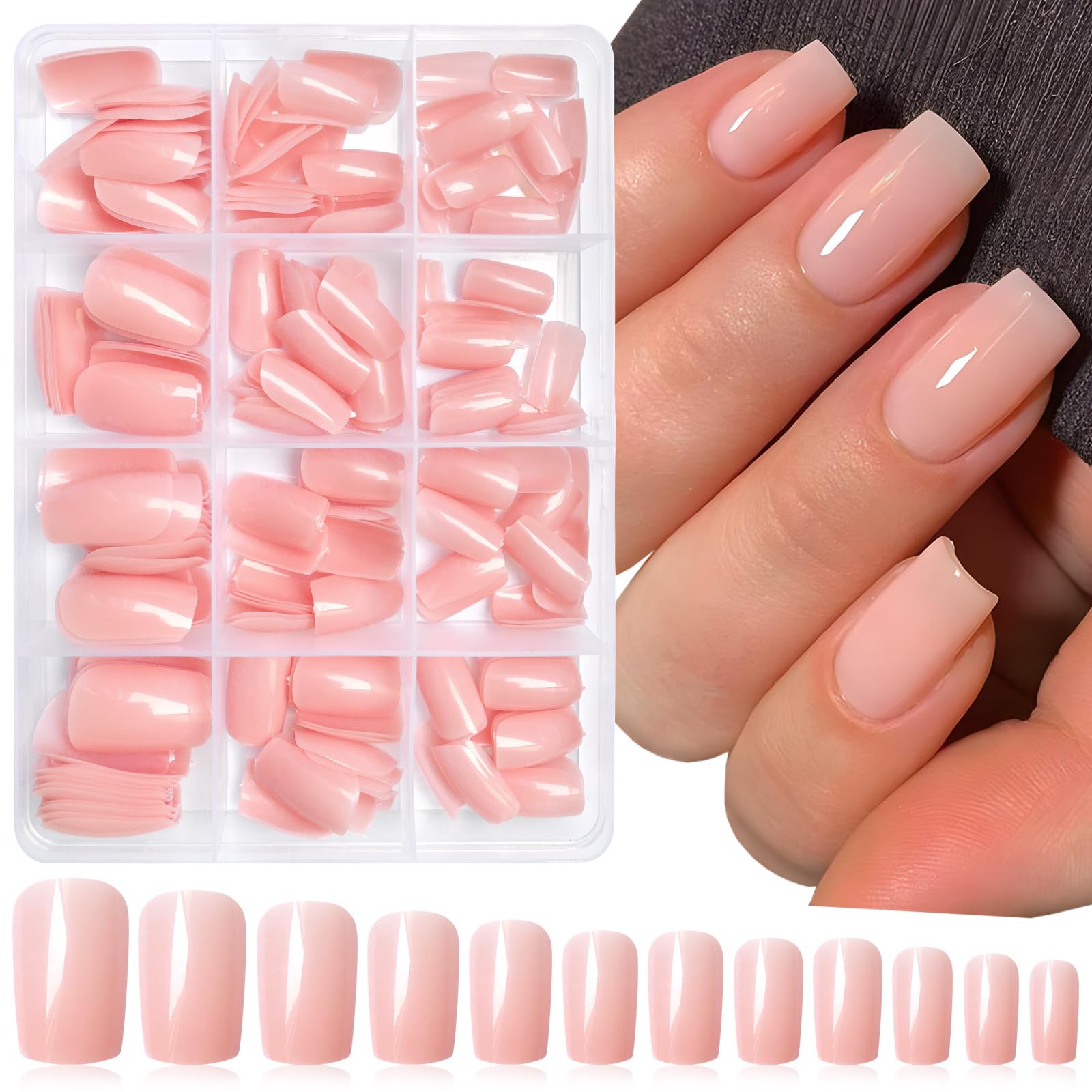 LoveOurHome 240pc nude pink press-on nails in a single box for quick manicures.