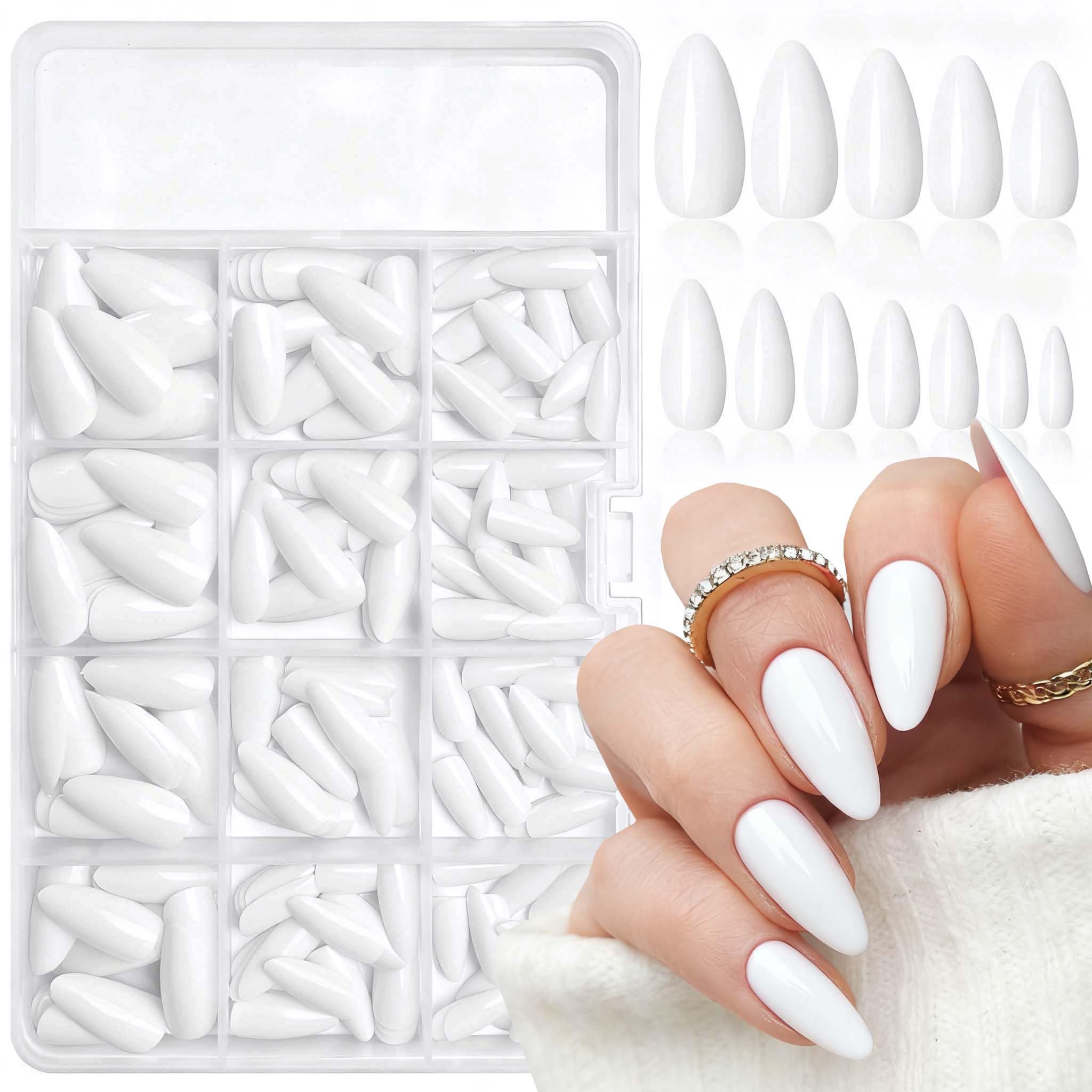 LoveOurHome 240pc short almond white press-on nails for quick at-home manicures.