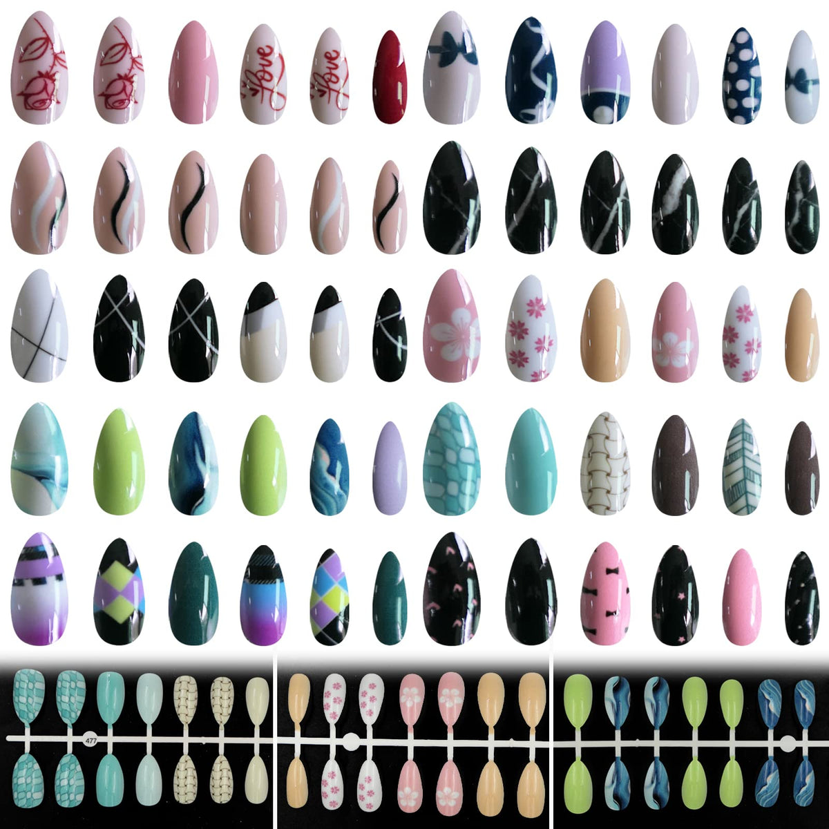 LoveOurHome almond press-on nails in medium length with diverse designs for quick DIY manicure