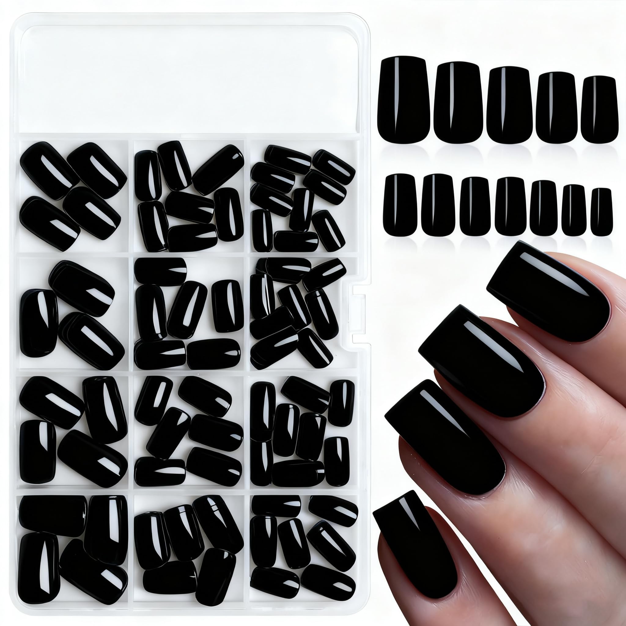 LoveOurHome black square press-on nails, medium length, glossy finish for quick at-home manicures.