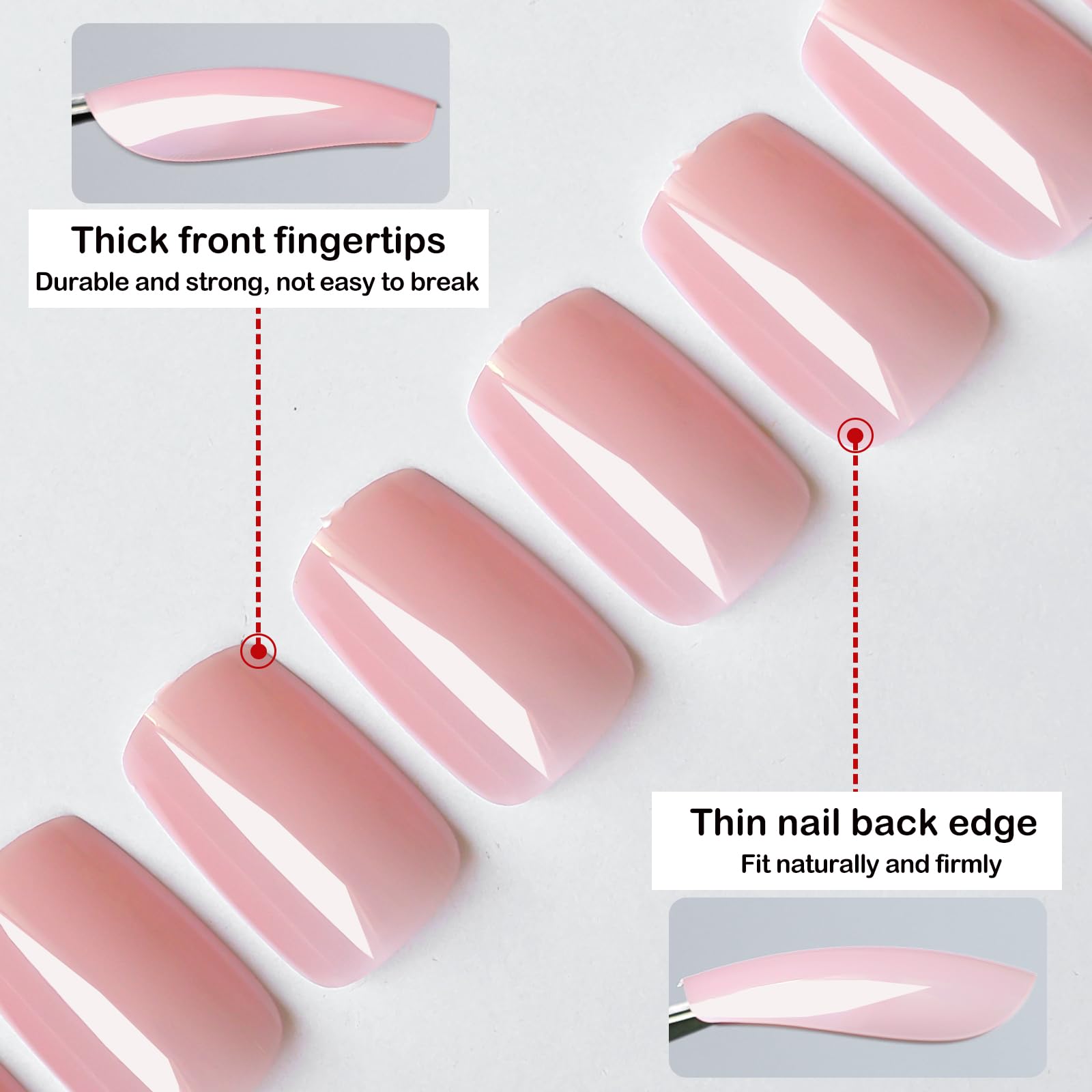 LoveOurHome nude pink press-on nails medium square close-up shows glossy finish and durable tips.