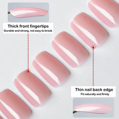 LoveOurHome nude pink press-on nails medium square close-up shows glossy finish and durable tips.