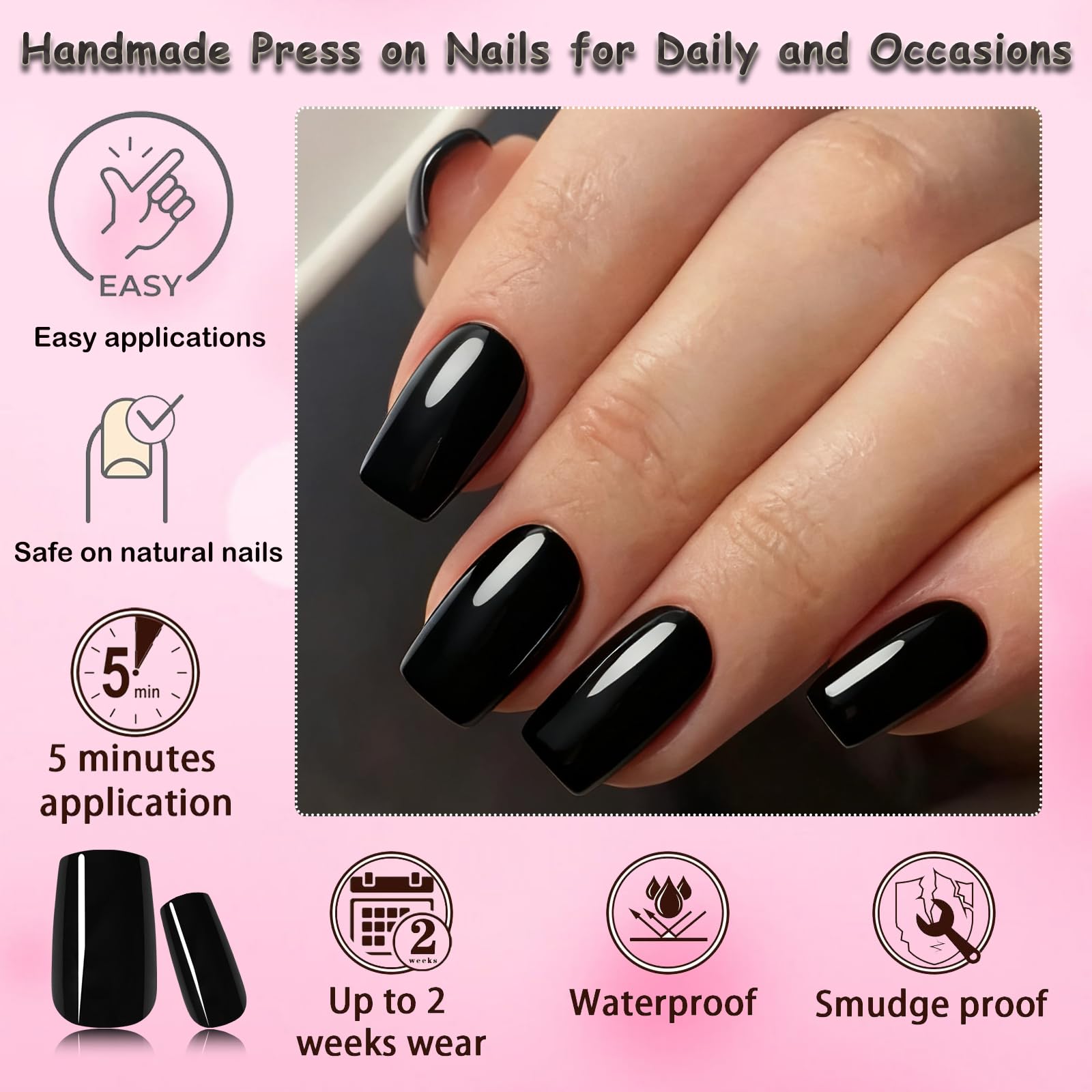 LoveOurHome reusable press-on nails shown on hands for daily wear.