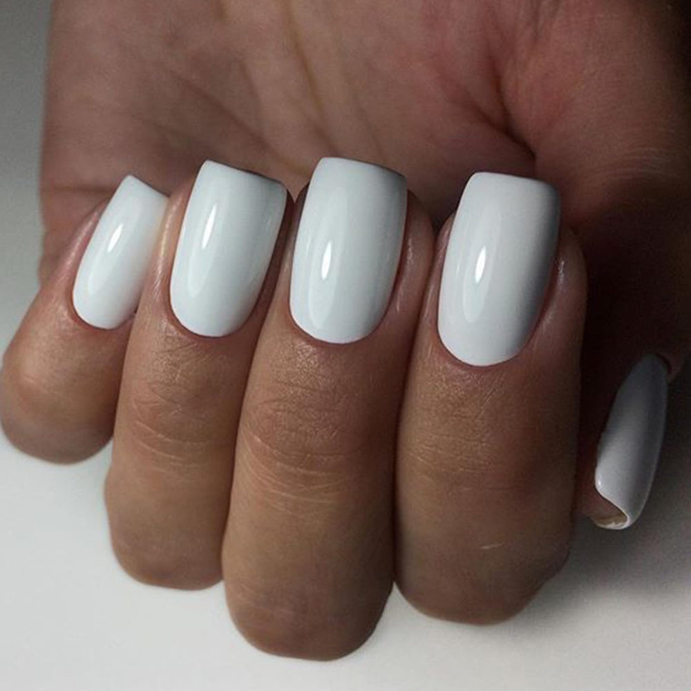 LoveOurHome white square press-on nails with glossy finish for a polished look
