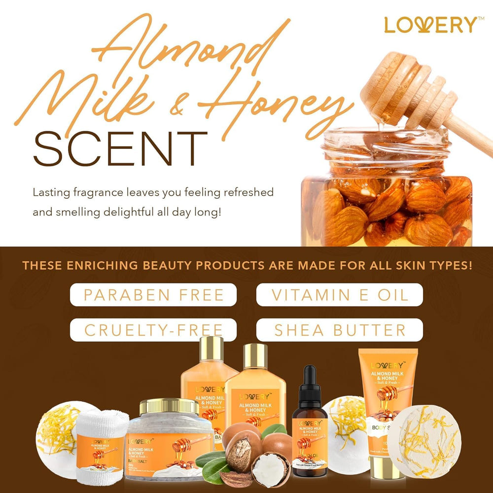 LOVERY almond milk & honey bath oil nourishes and softens the skin.