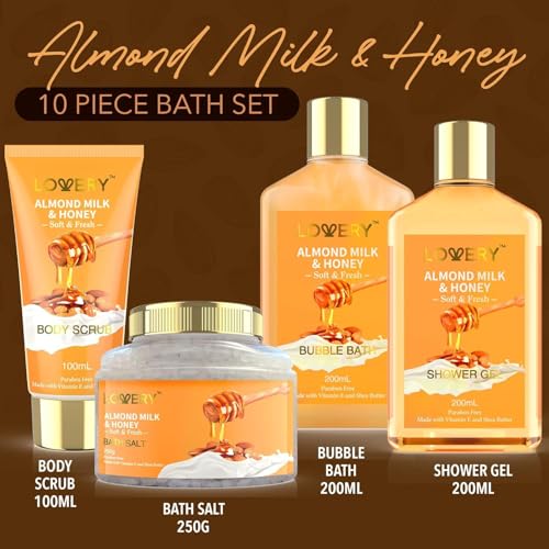 LOVERY almond milk & honey bubble bath creates a soothing spa-like soak.