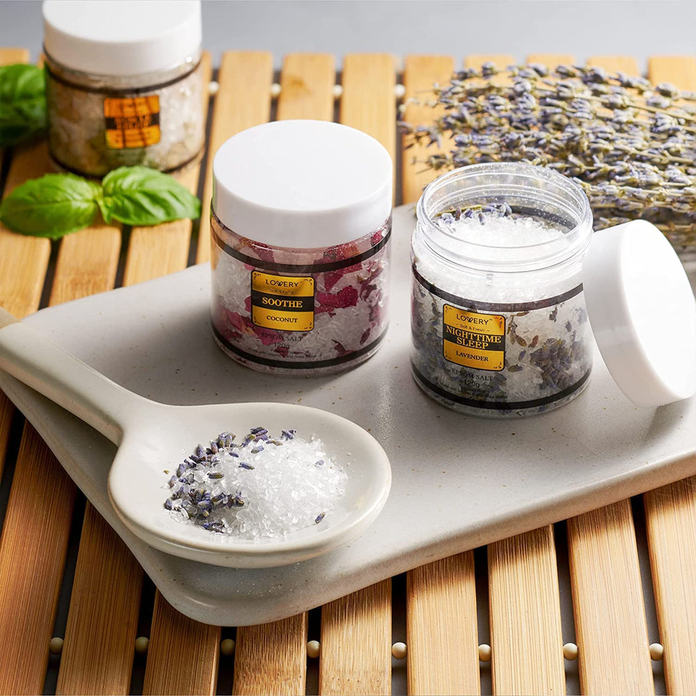 LOVERY bath salt jar coconut evoking a tropical spa mood during soak.