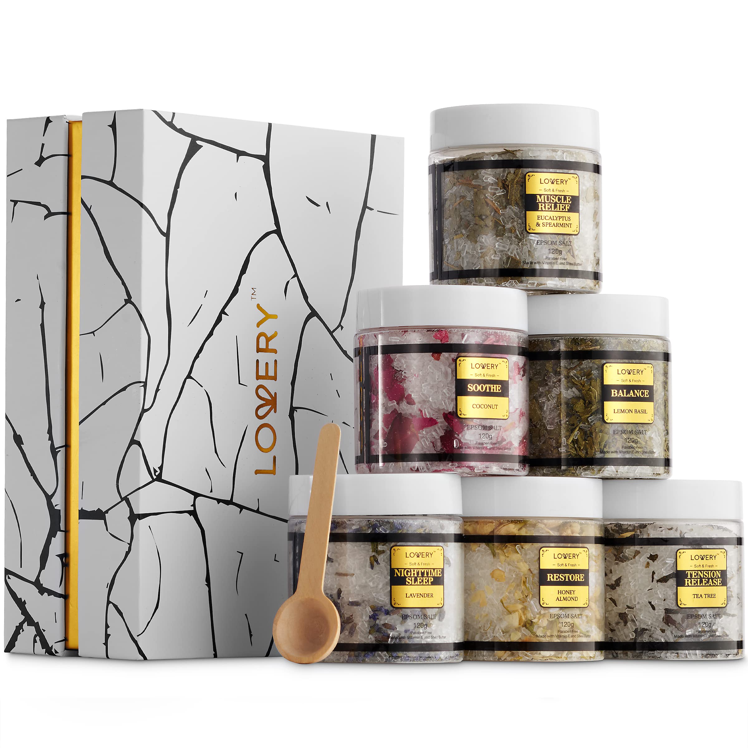 LOVERY Deluxe Epsom Bath Salts Gift Set in a marble gold box for luxurious self-care rituals.