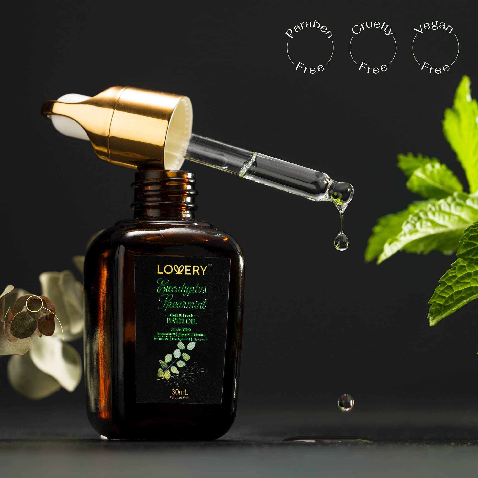 Lovery eucalyptus oil bath bottle closeup highlighting hydration