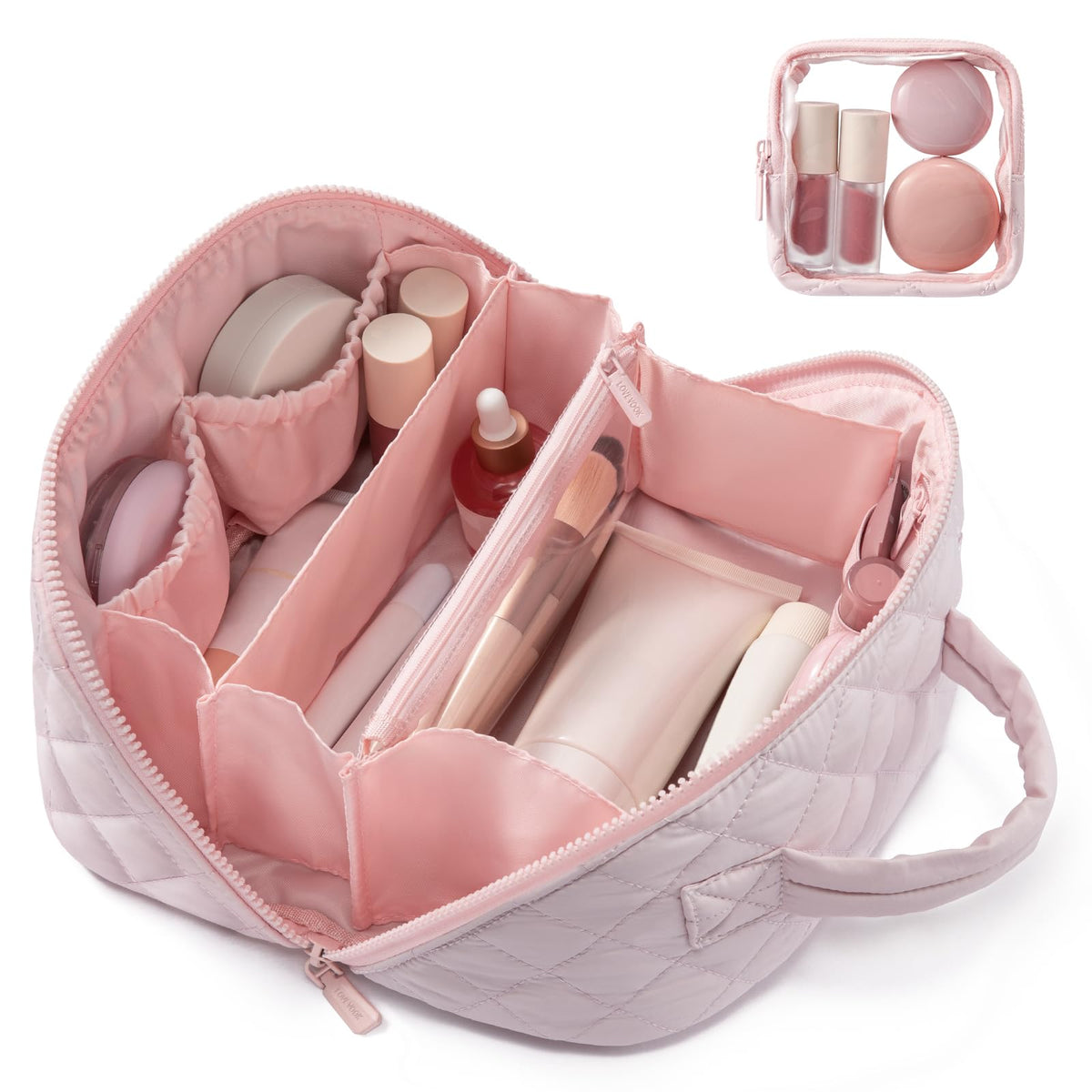 LOVEVOOK travel makeup bag open-flat shows full interior for quick access to essentials.