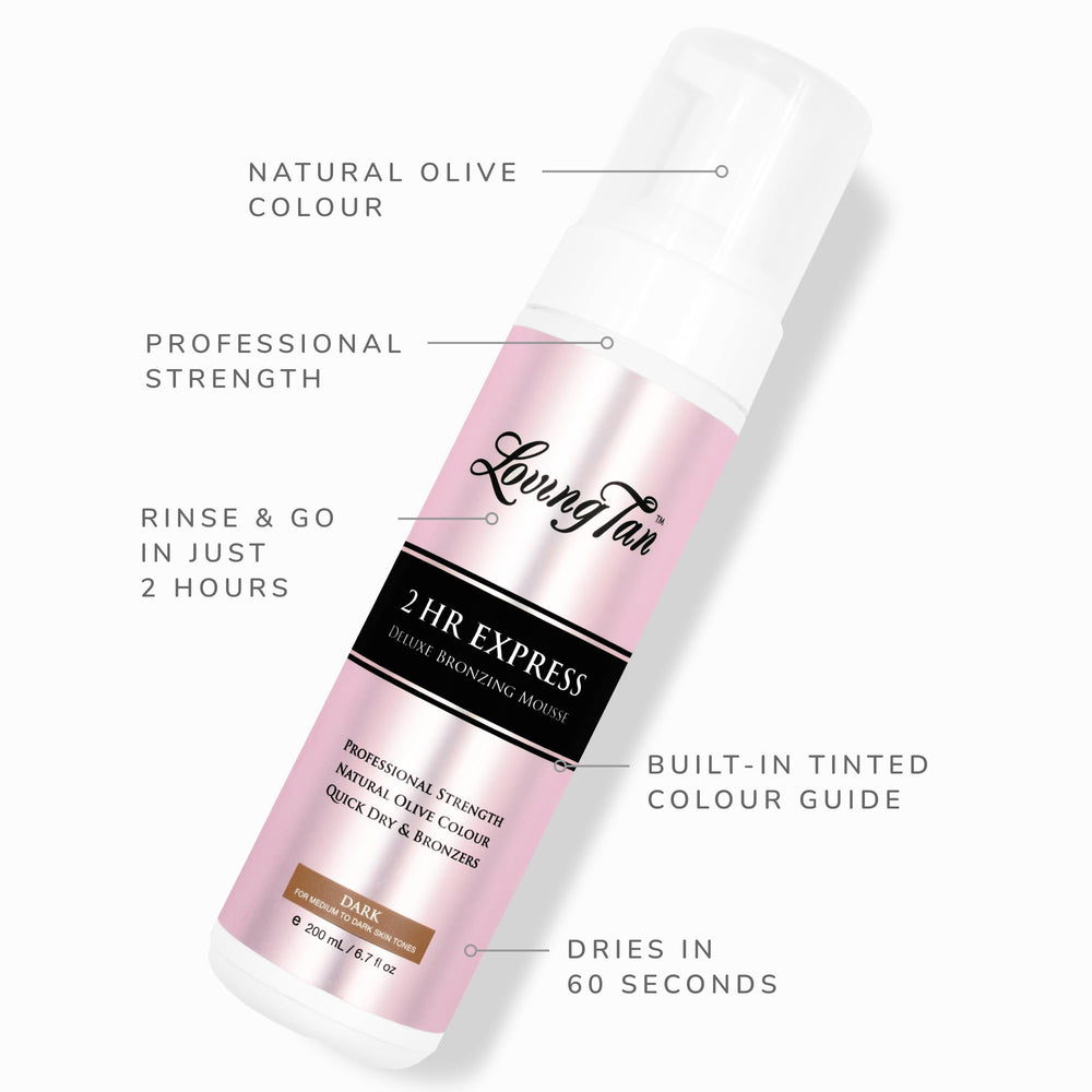 Loving Tan 2 HR Express Mousse color guide shows immediate bronzer for precise application.