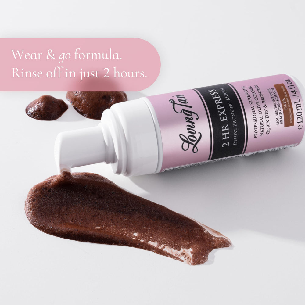 Loving Tan 2 HR Express Mousse in dark shade delivers a natural-looking tan.