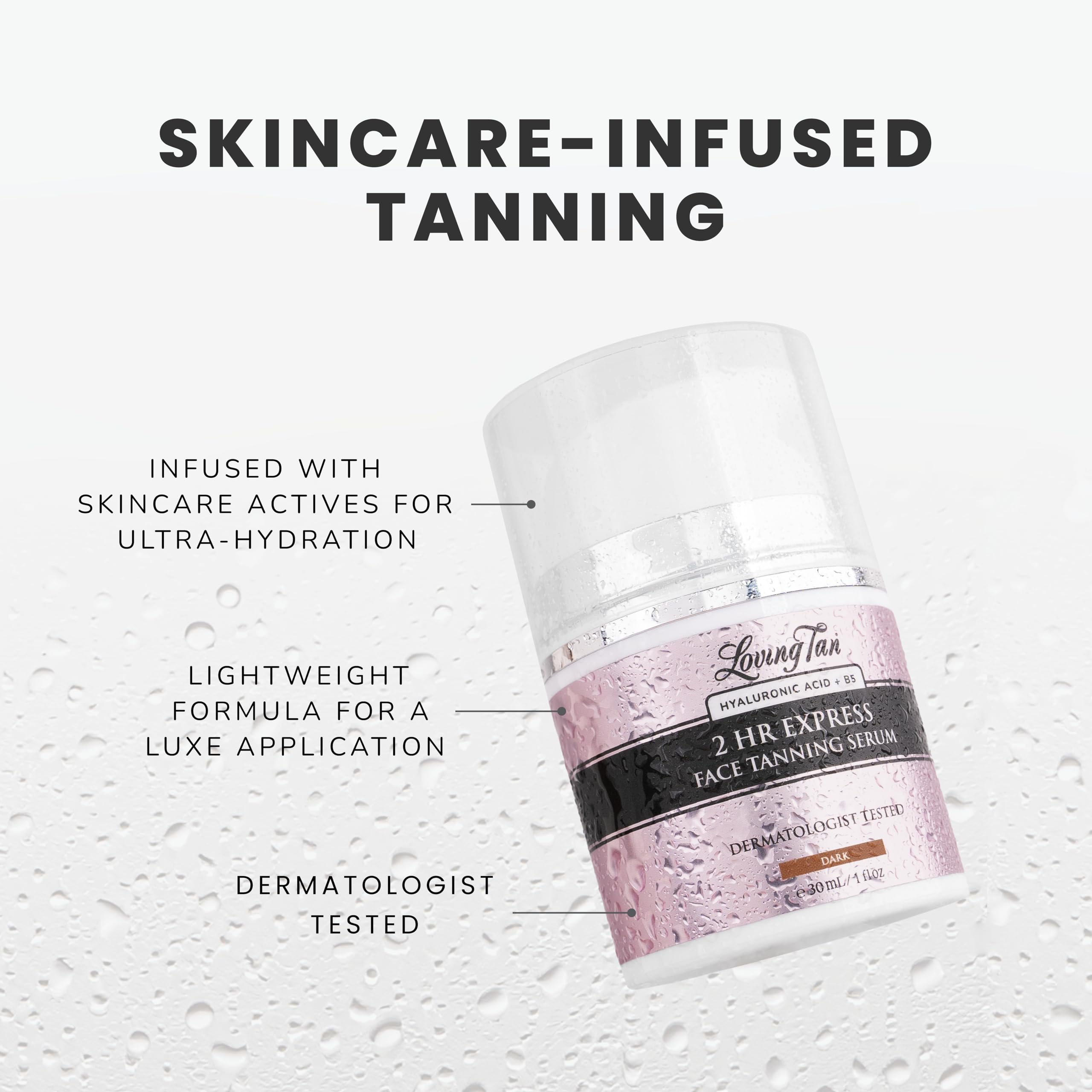 Loving Tan fast-drying formula demonstrated on skin during use.