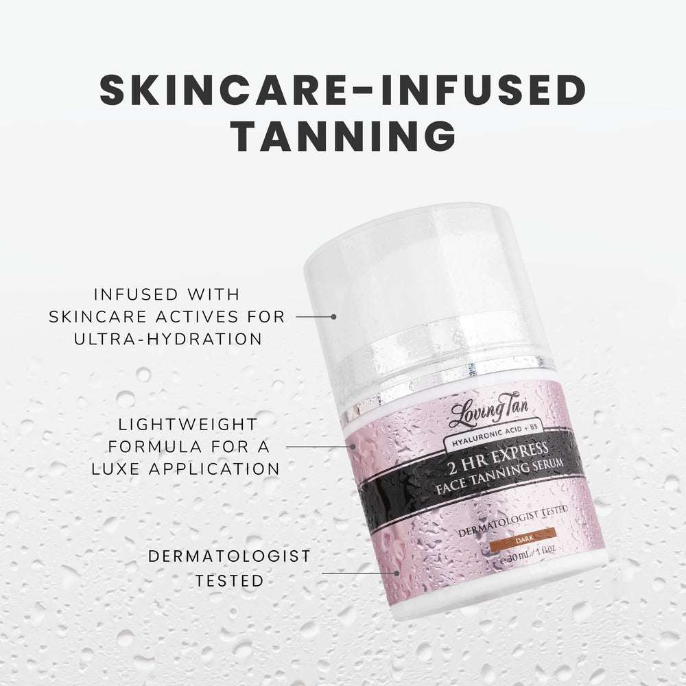 Loving Tan fast-drying formula demonstrated on skin during use.