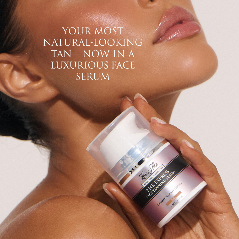 Loving Tan serum emphasizes hydration on facial skin with hyaluronic acid.