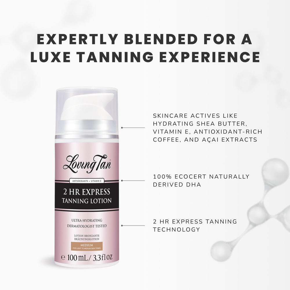 Loving Tan 2 Hr Express self-tanner lotion finish visibly developing tan over 24 hours.