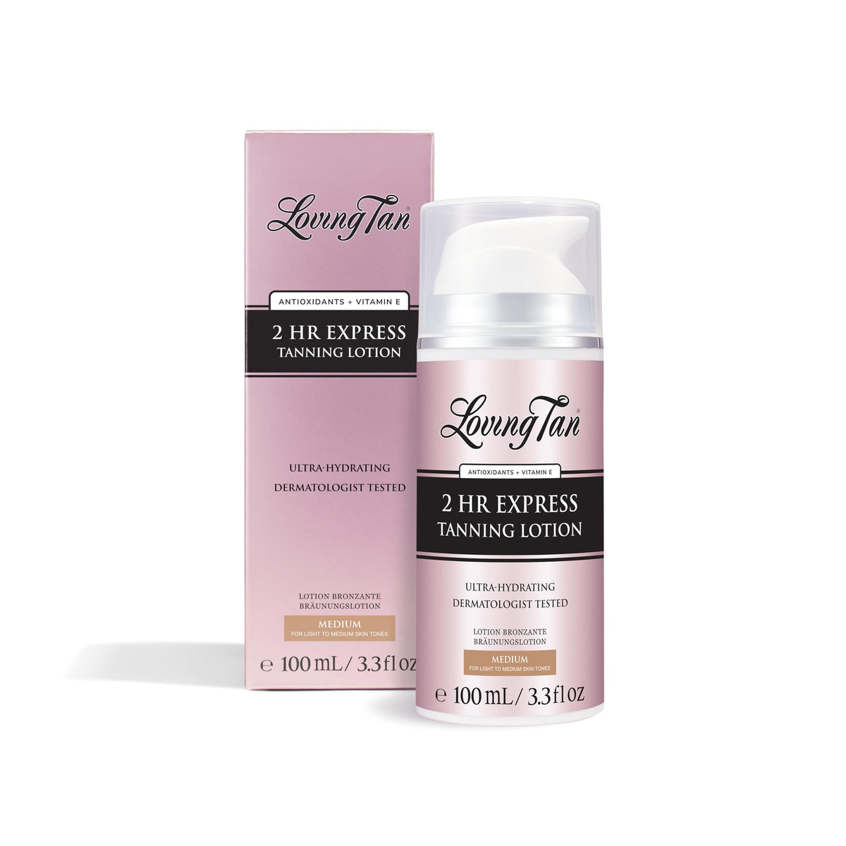 Loving Tan 2 Hr Express self-tanner lotion bottle showcases easy application and hydration.