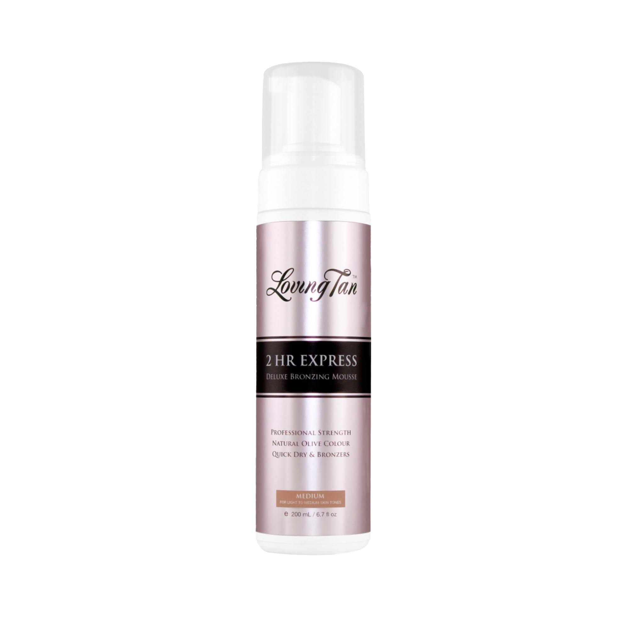 Loving Tan 2 HR Express bottle closeup shows fast drying formula for mess-free tanning