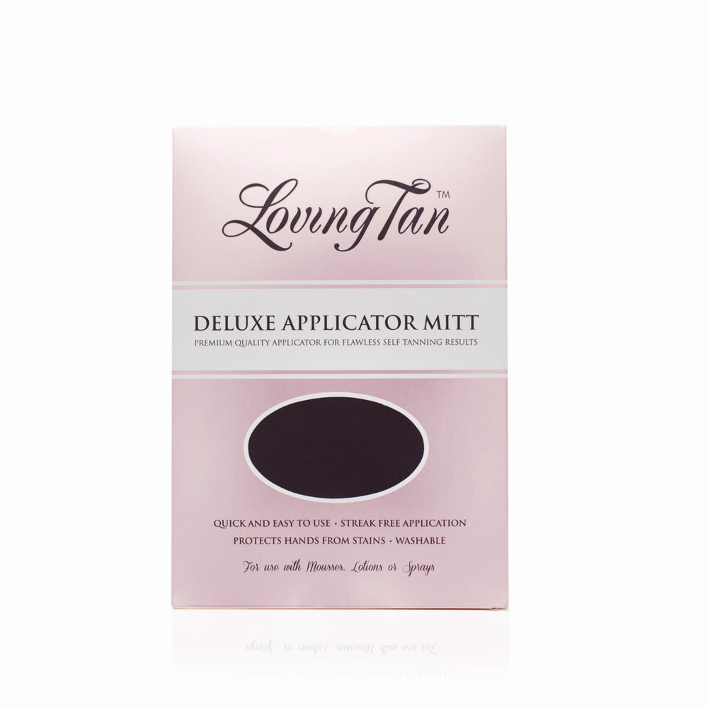 Loving Tan Deluxe Applicator Mitt in hand applying self-tan for an even streak-free finish