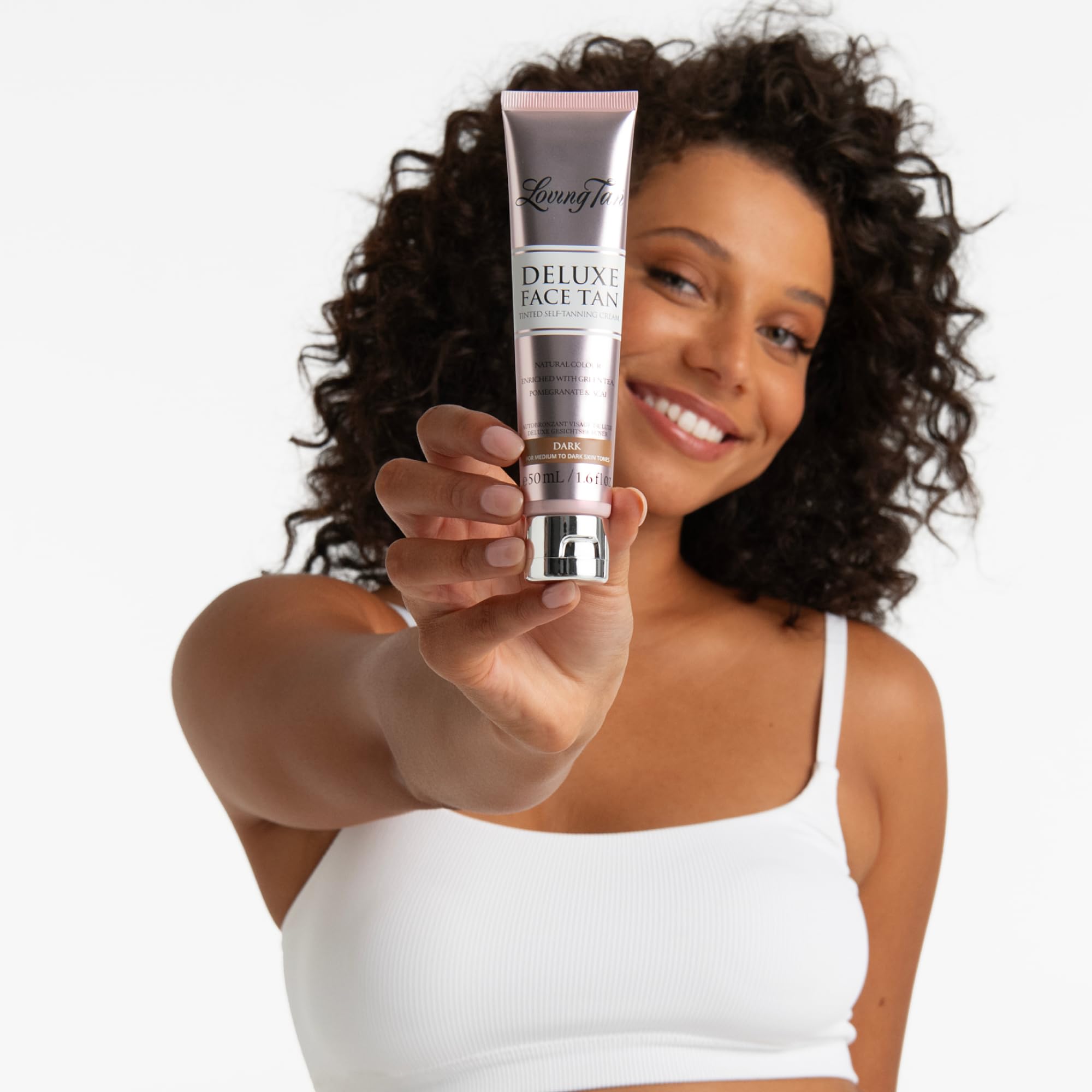 Loving Tan Deluxe Face Self Tanner close-up showing natural dark shade.