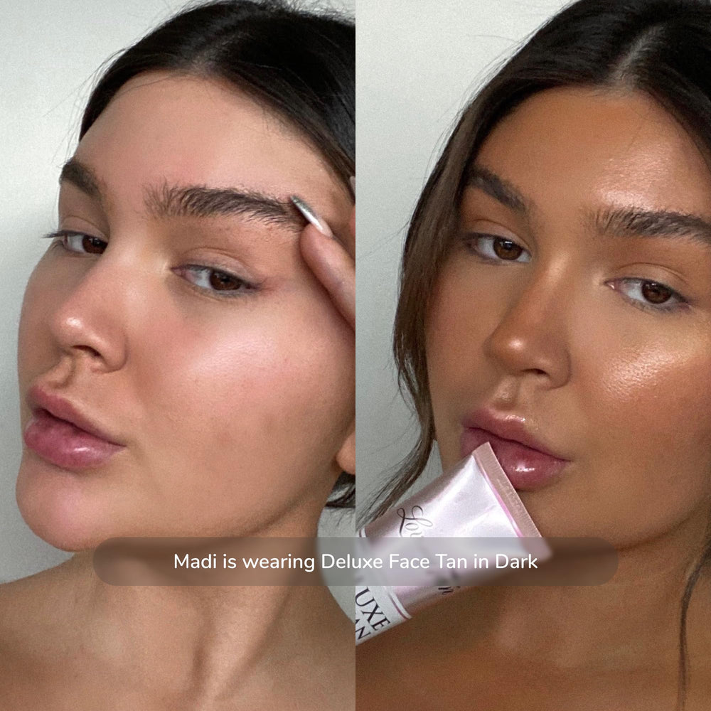 Loving Tan Deluxe Face Self Tanner color guide swatch demonstrates streak-free results.