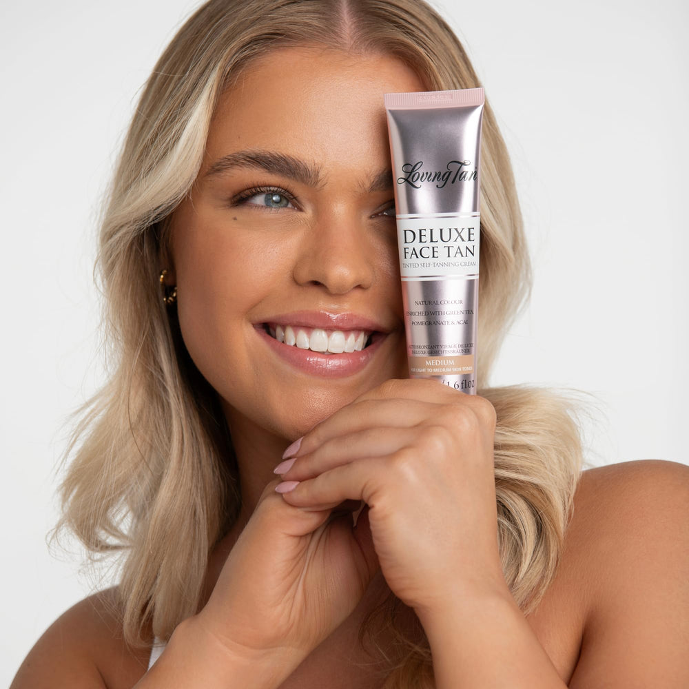 Loving Tan Deluxe Face Self Tanner Medium color-guide swatch shows instant bronzer for precise application