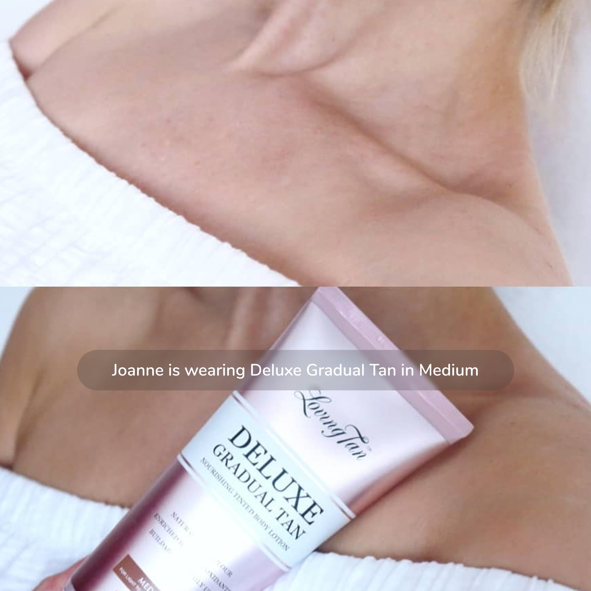 Loving Tan Deluxe Gradual Tan Lotion with Shea Butter demonstrates skin hydration and comfort.