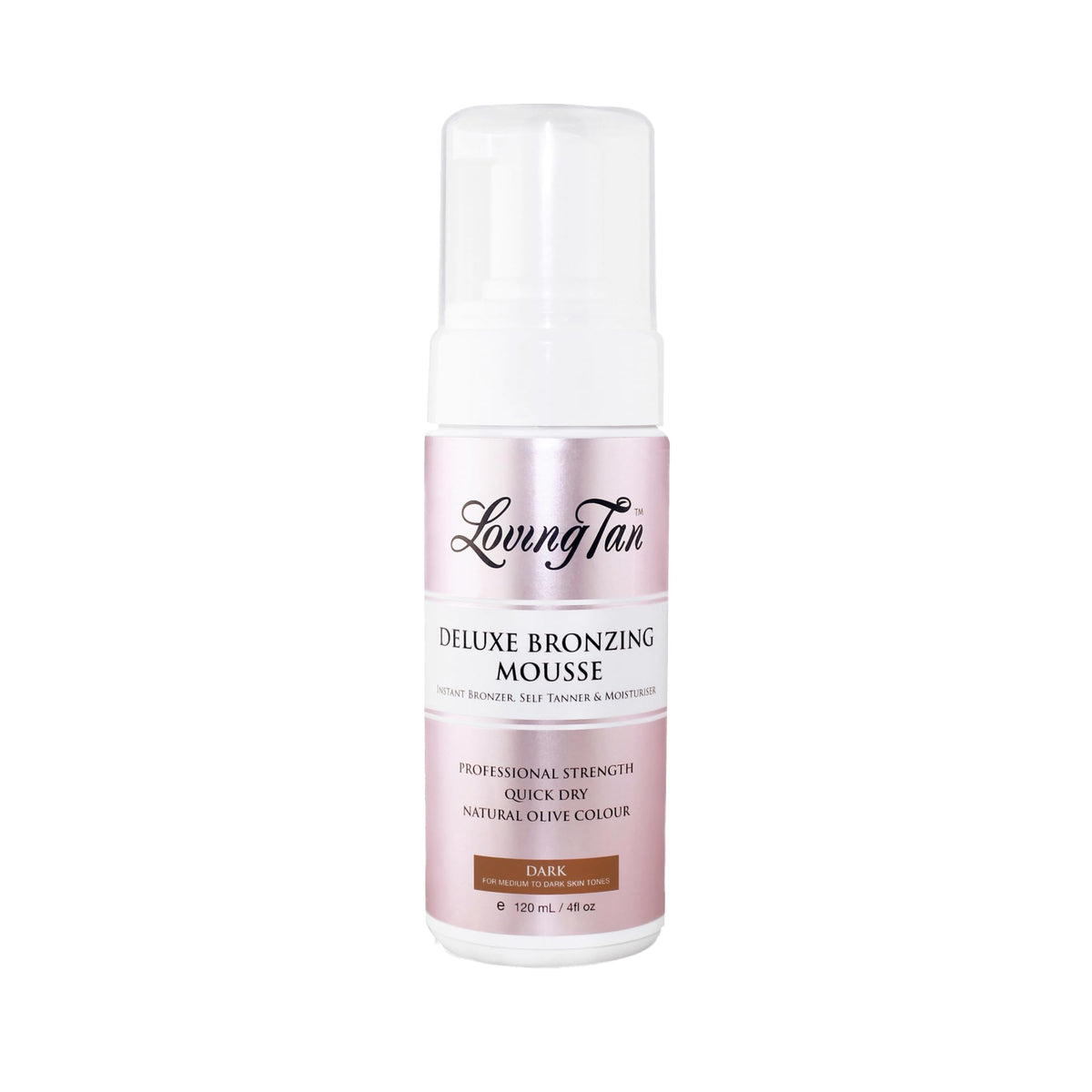 Loving Tan Deluxe mousse dark bottle demonstrates professional color development.