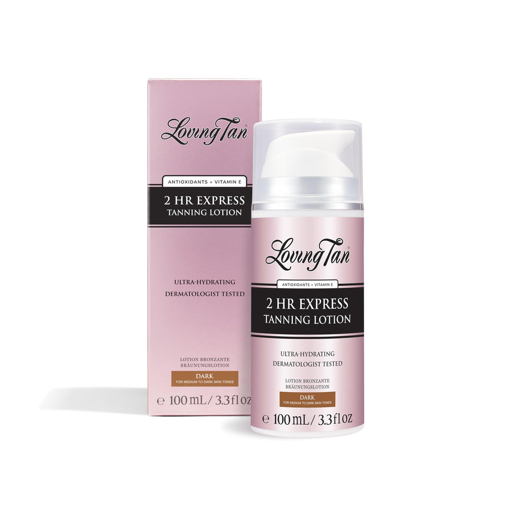 Loving Tan NEW 2 Hr Express Self Tanning Body Lotion bottle pump demonstrates easy application for glow