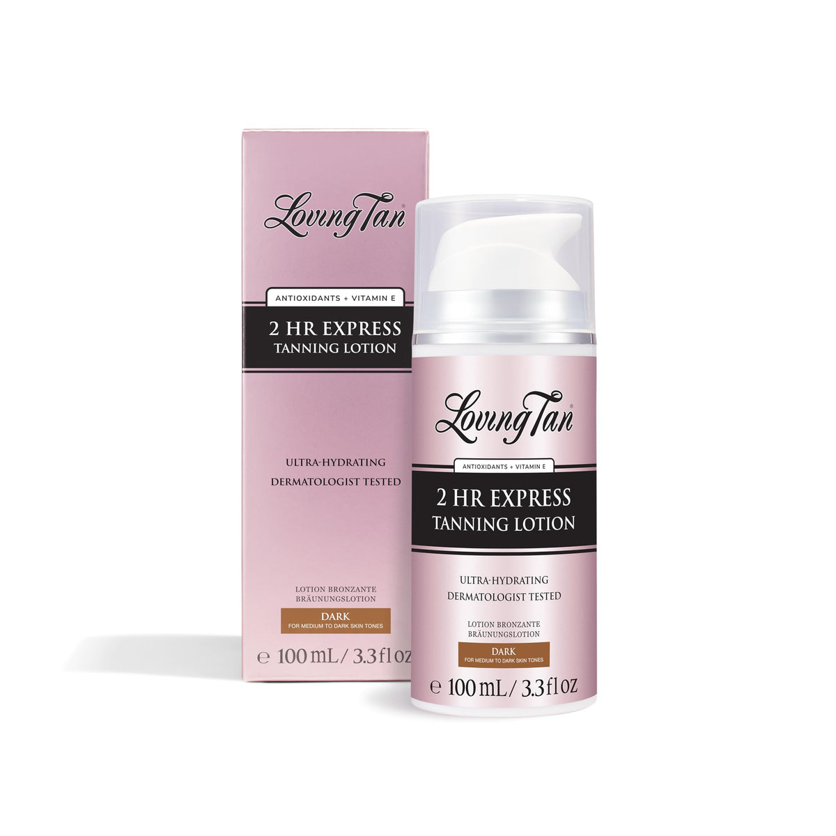 Loving Tan NEW 2 Hr Express Self Tanning Body Lotion bottle pump demonstrates easy application for glow