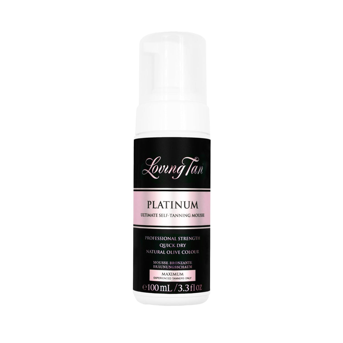 Loving Tan Platinum Dark bottle close-up highlights deepest shade for natural glow
