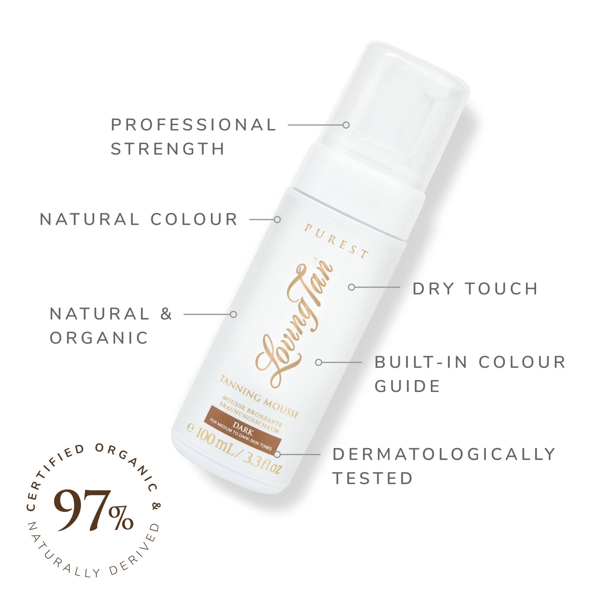 Loving Tan Purest Mousse Dark foam on skin reveals natural-glow development