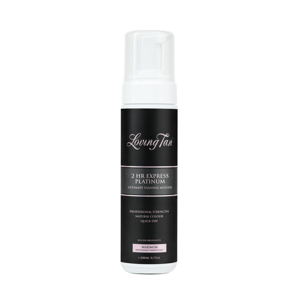Loving Tan Platinum 2 HR Express mousse bottle shows the deepest shade for a natural, streak-free tan.