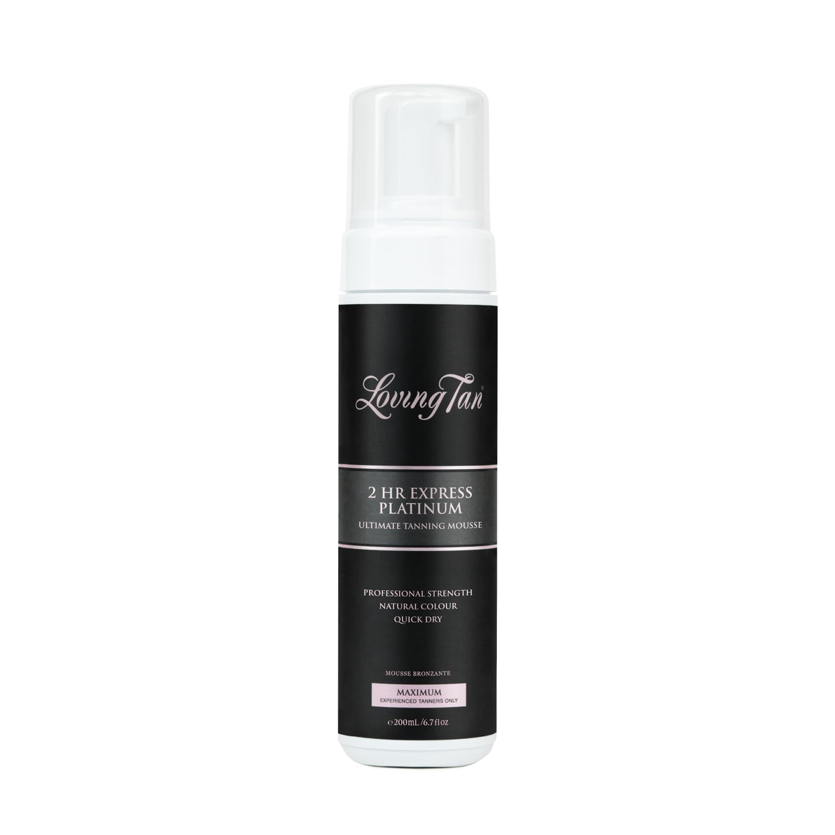 Loving Tan Platinum 2 HR Express mousse bottle shows the deepest shade for a natural, streak-free tan.