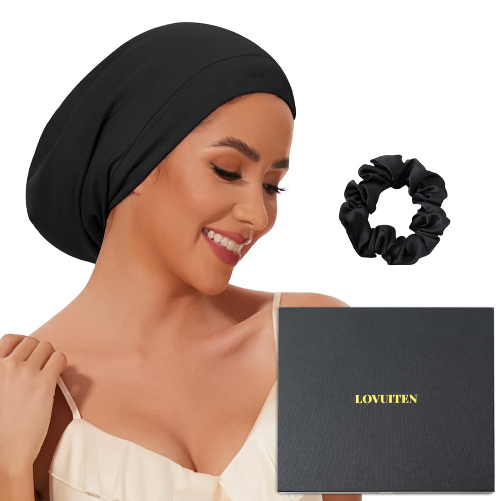 LOVUITEN silk bonnet adjustable strap closeup for secure, comfortable sleep