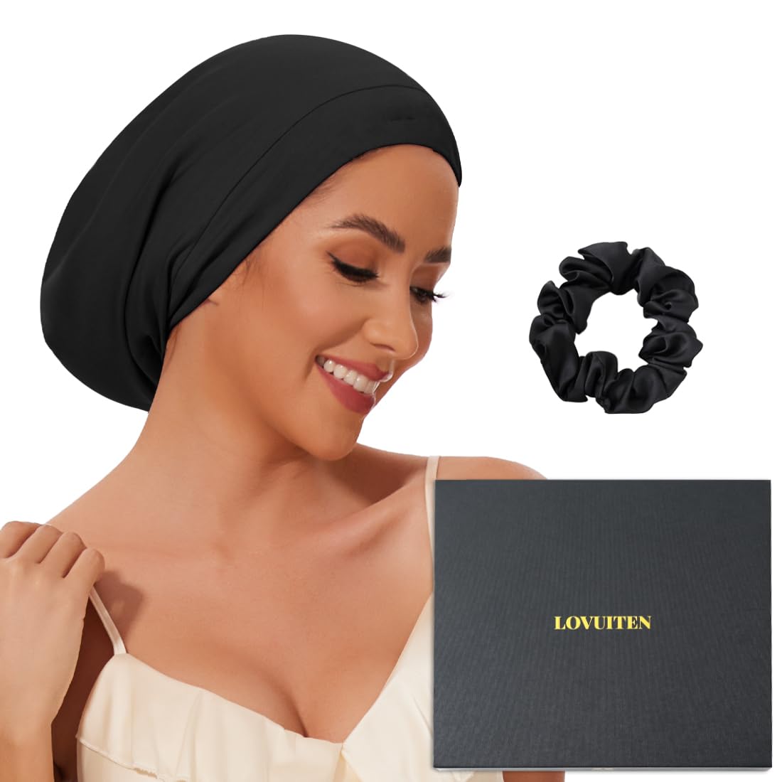 LOVUITEN silk bonnet adjustable strap closeup for secure, comfortable sleep