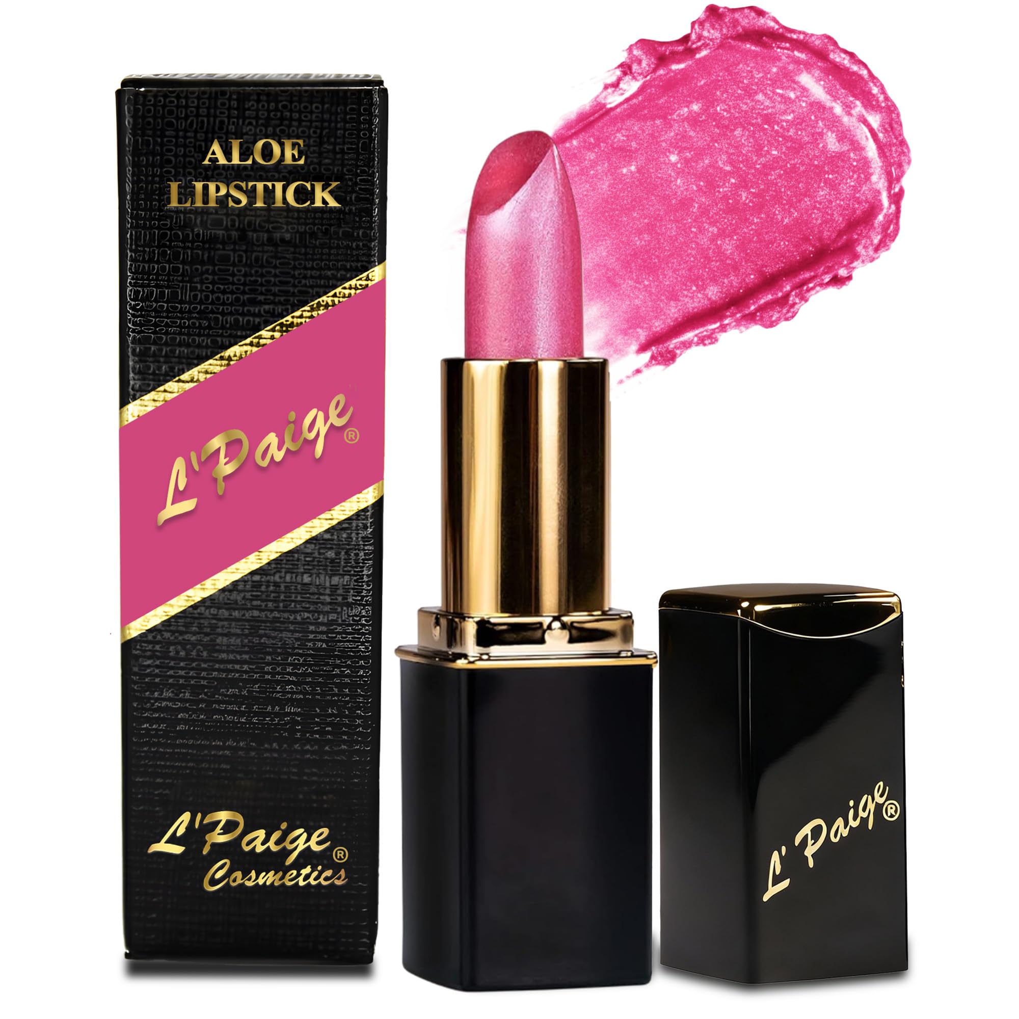 L’Paige Frosted Amethyst lipstick tube close-up, cool berry-pink shade with radiant glow.