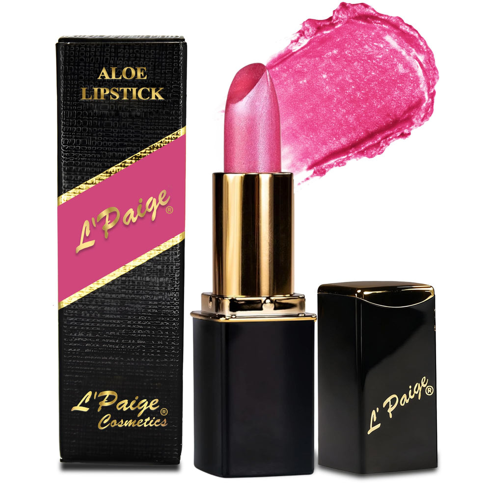 L’Paige Frosted Amethyst lipstick tube close-up, cool berry-pink shade with radiant glow.