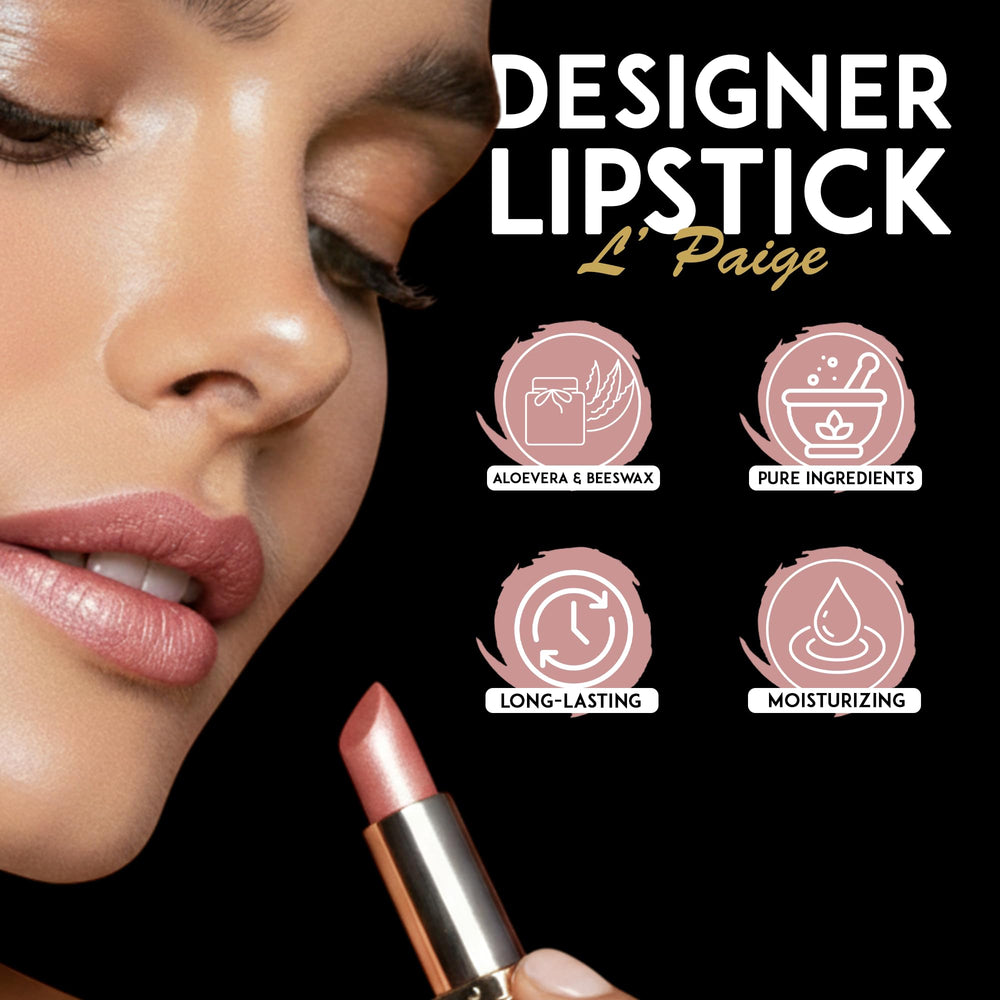 L'Paige Rosy Pearl aloe-vera hydration image underscores nourished lips during wear.