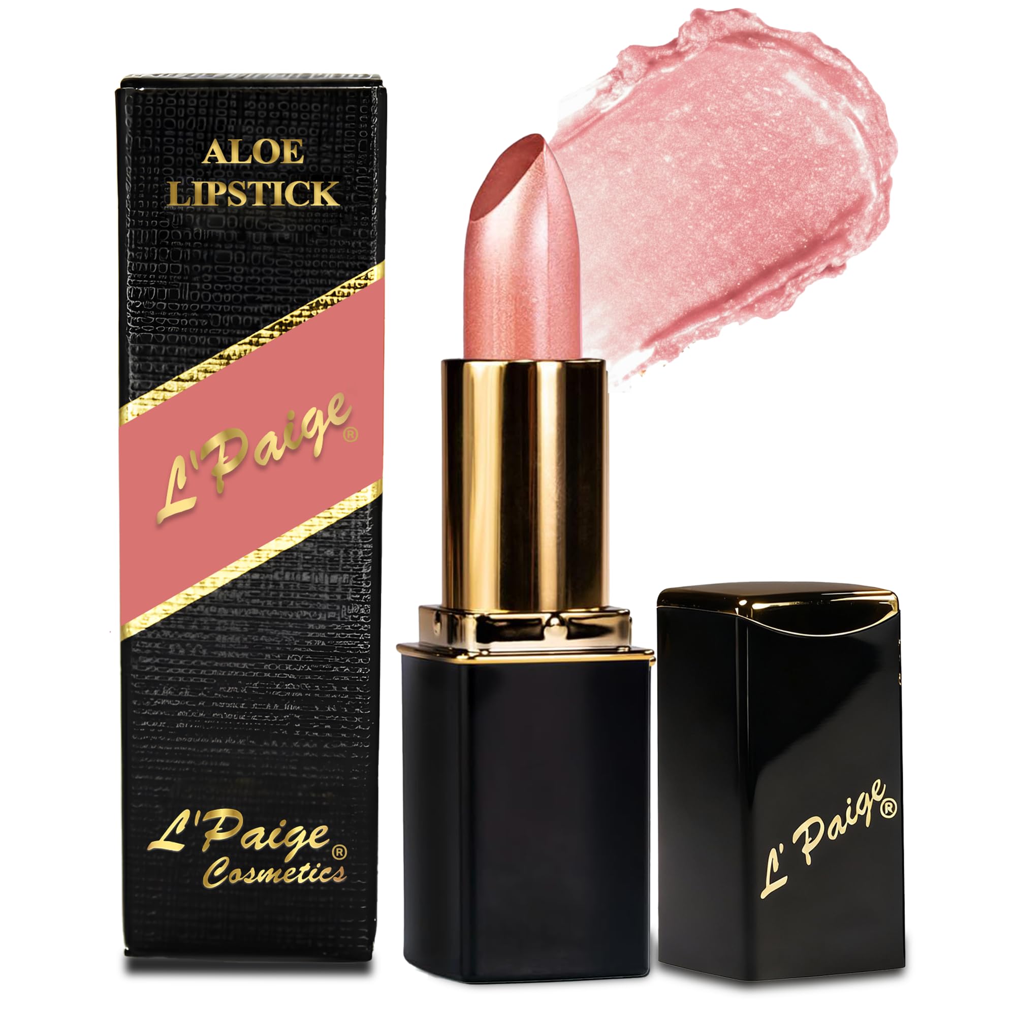 L'Paige Rosy Pearl lipstick tube shows silky pink finish and hydrated feel.