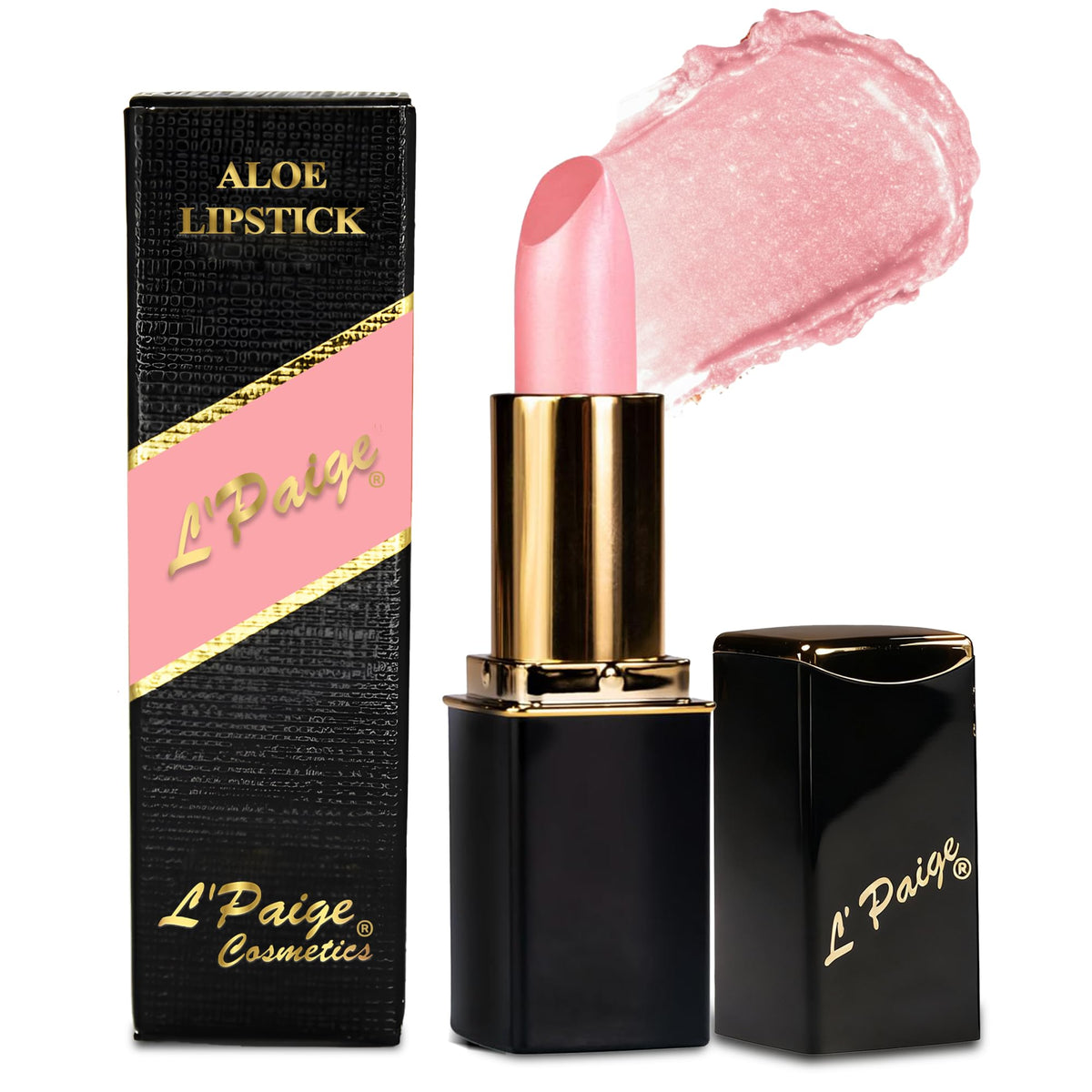 L'Paige Shimmery Ice Lipstick cap-off closeup shows everyday wear in cool-pink with shimmer.