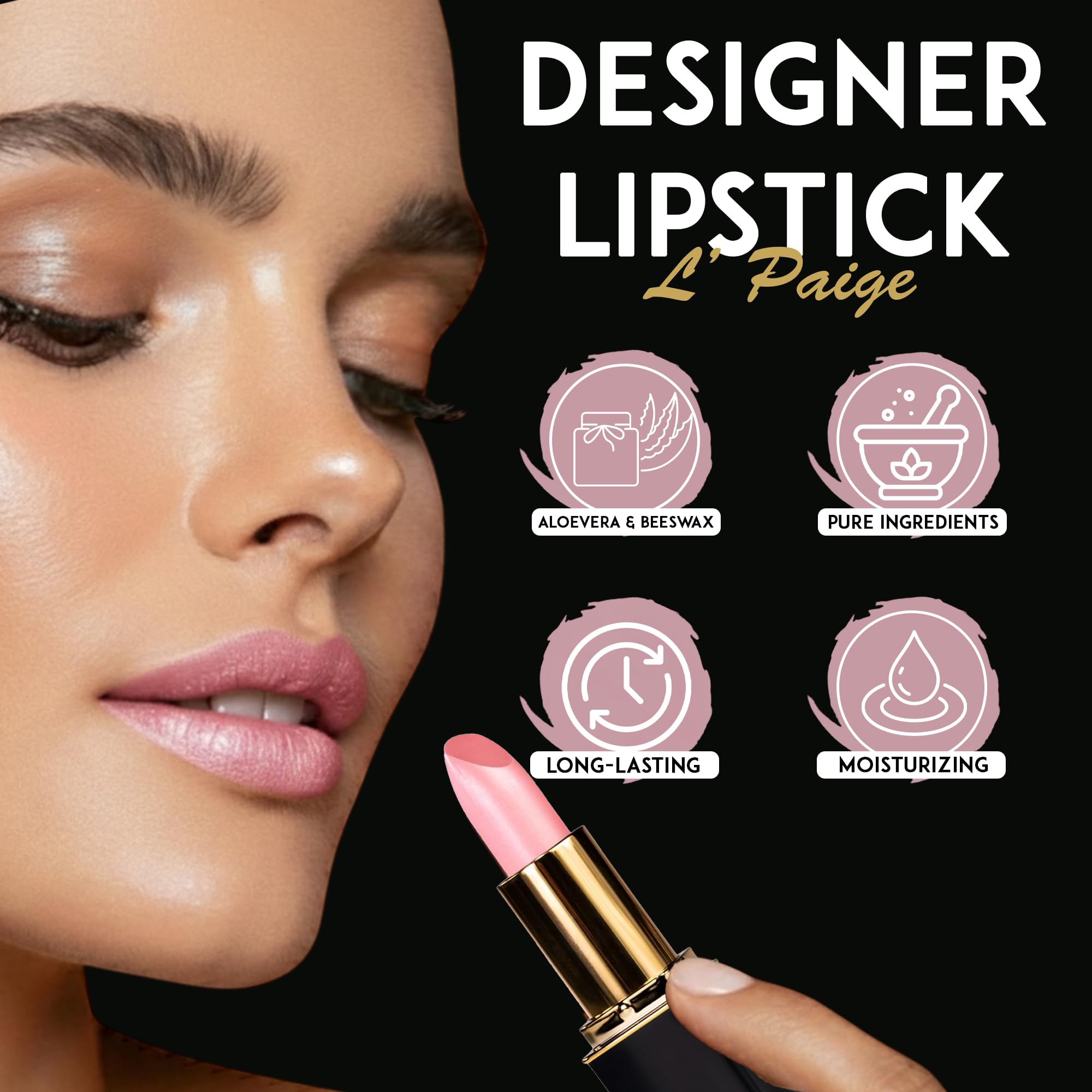 L'Paige Shimmery Ice Lipstick packaging on a vanity conveys premium, easy-access design.