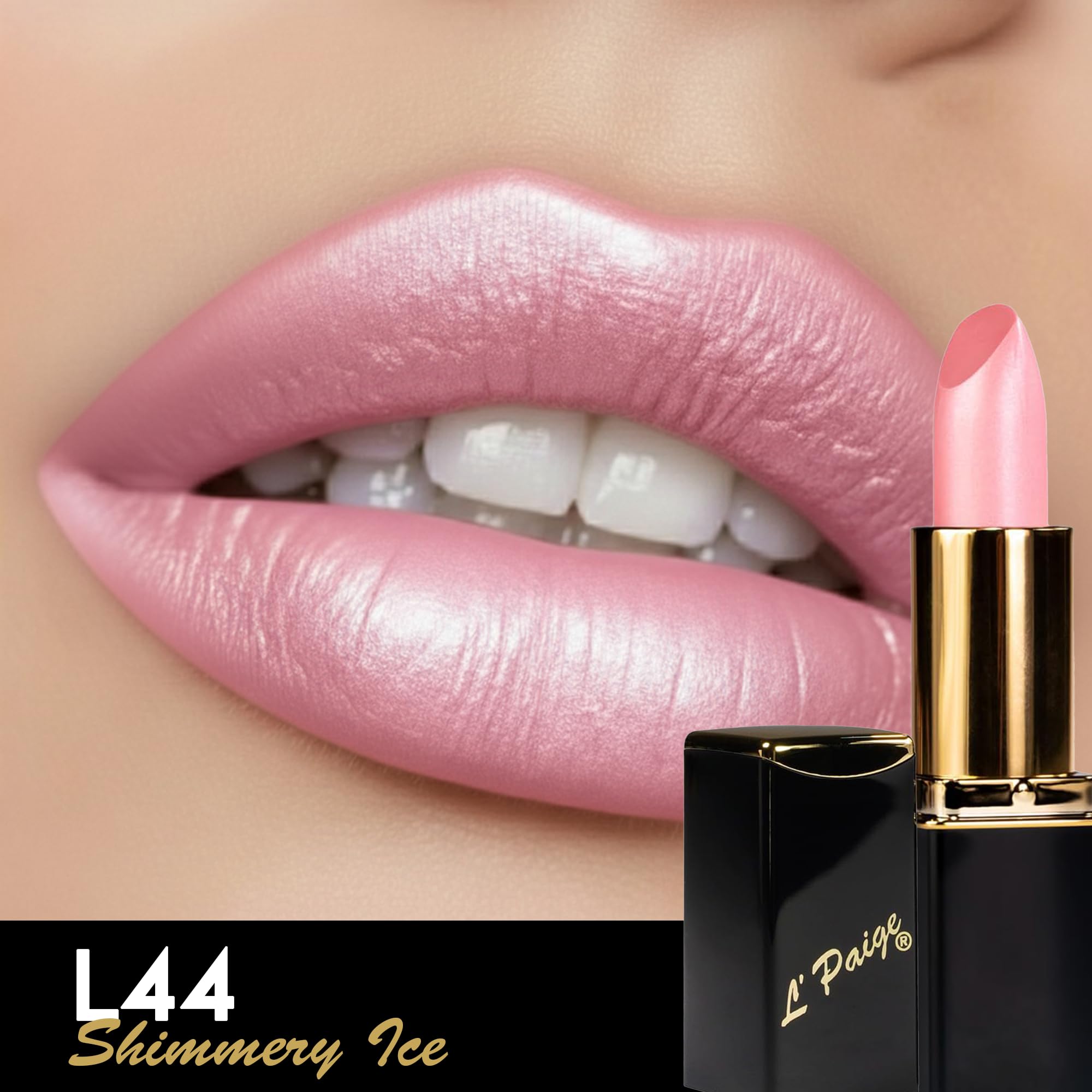 L'Paige Shimmery Ice Lipstick vanity display with swatches across tones.