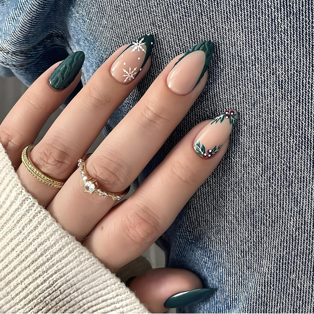 LPOODDNU Christmas press-on nails almond shape with green tips and snowflake design for festive style